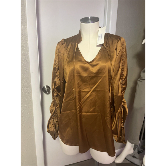 Women’s Rouched Long Sleeve Silky Soft Copper Vneck Blouse By Paparazzi - Picture 1 of 15